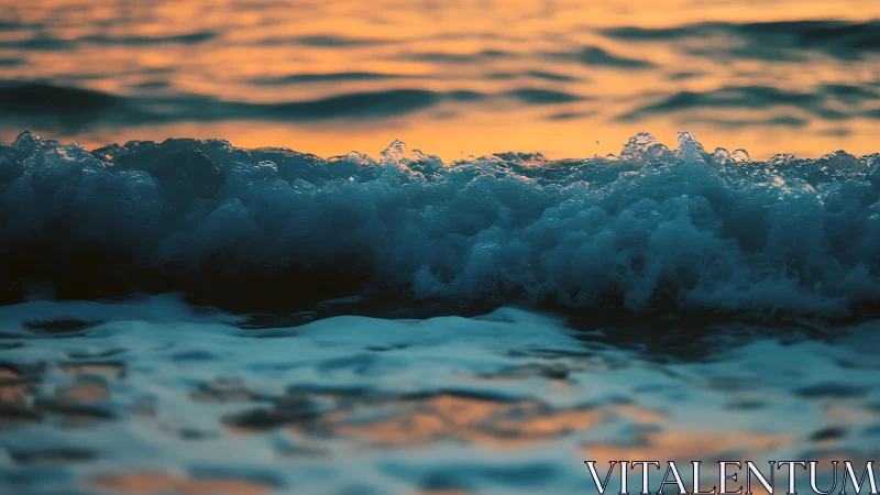 Gentle ocean wave glowing softly in warm sunset light.