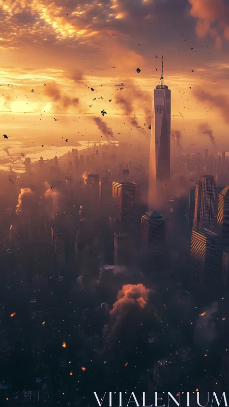 Vertical cityscape inferno with cinematic atmospheric depth.