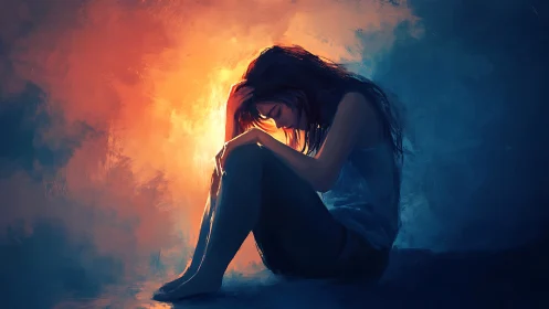 Solitary girl in chiaroscuro light amid burning dusk glow.