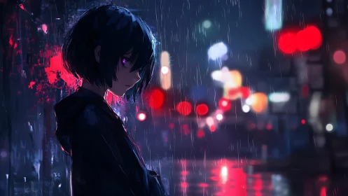 Midnight rain crowns a violet-eyed loner in neon hush