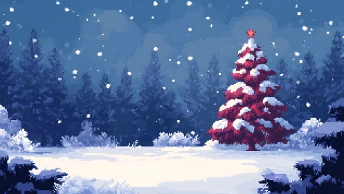 Crimson pixel Christmas tree glows in snowy midnight forest.