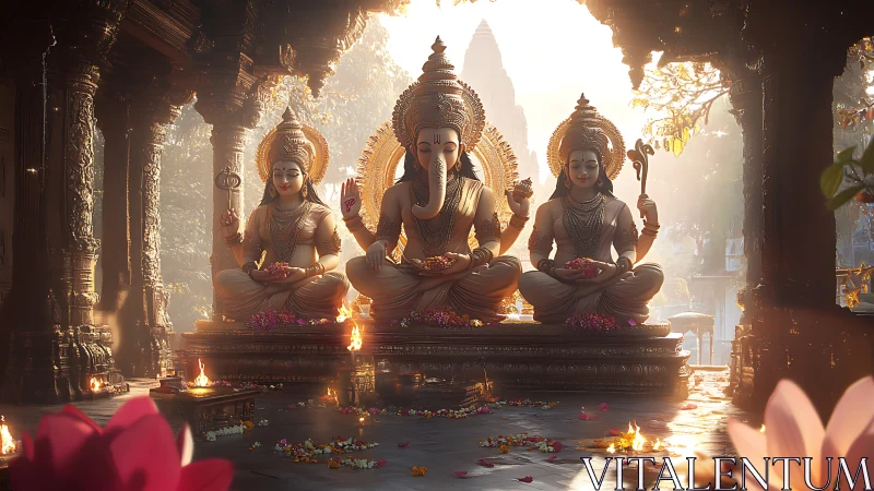 Golden temple deities sit in serene dawn-lit devotion