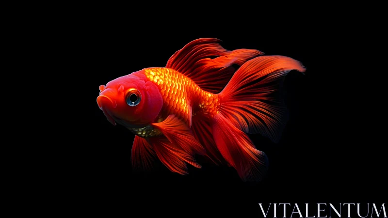 Elegant red goldfish with flowing fins on black background.