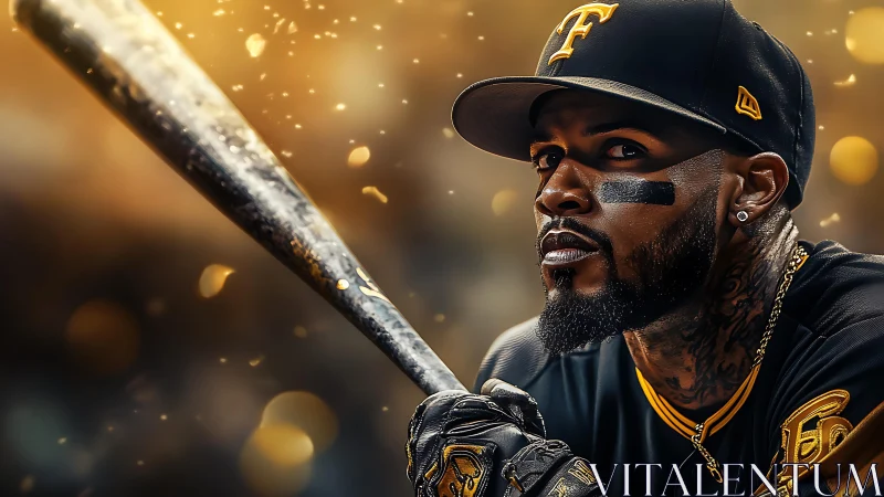 Golden-hour baseball slugger poised in cinematic close-up.