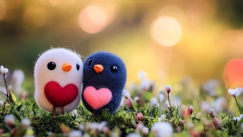 Two Adorable Felt Birds Sharing Love in Blooming Garden Scene