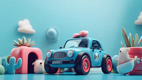 Whimsical blue toy race car parked in pastel play land.