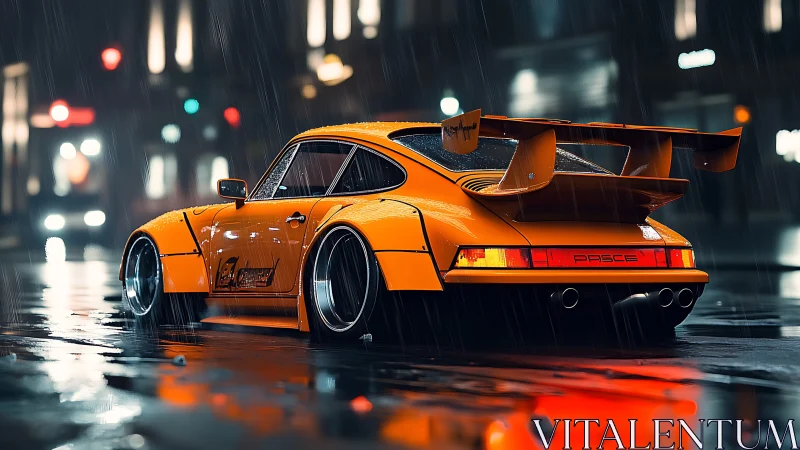 Orange sports coupe on wet city street at night in rain.