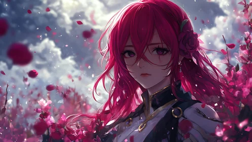 Melancholic red haired anime girl in dynamic blossom storm