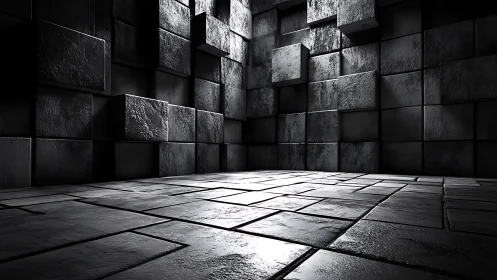 Monochrome cubic chamber renders dramatic volumetric lighting
