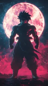 Warrior silhouette ignites under colossal neon moon.