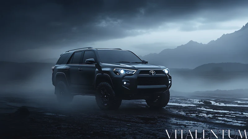 Dark SUV traverses misty off-road landscape under moody sky