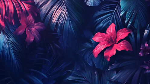 Neon Tropical Florals Against Dark Palm Fronds Digital Composition.