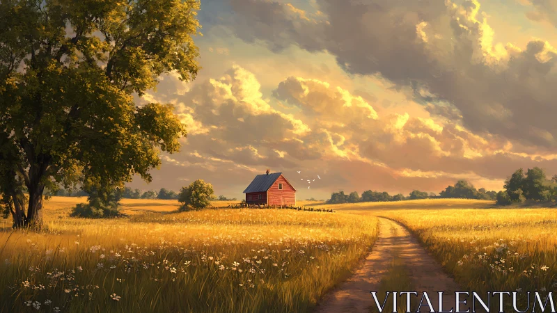 Golden farmland path leading toward distant red barn at dusk.