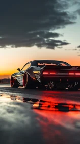 Sunset-lit widebody muscle car over glowing wet asphalt.