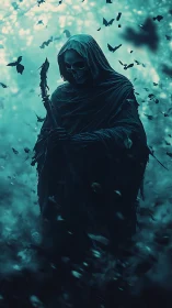 Grim reaper figure standing in dark misty forest scene.