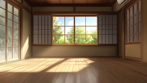 Sunlit wooden interior frames exterior trees through windows