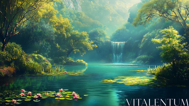 Lush emerald forest lagoon with cascading central waterfall.