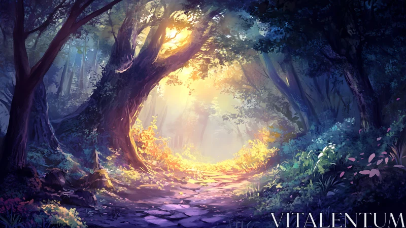 Enchanted Forest Path Glowing with Mystical Golden Light.