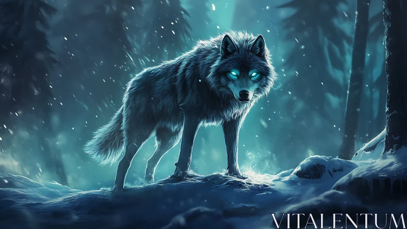 Spectral wolf with glowing eyes stands in frozen moonlit forest
