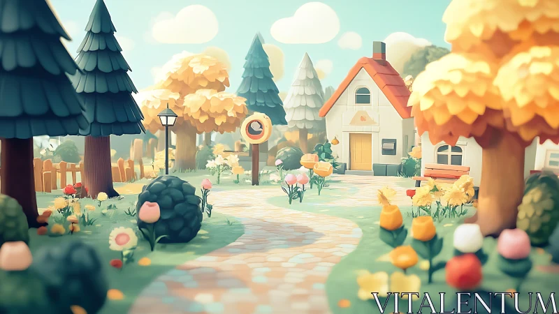 Stylized low-poly village path with toy-like foliage rendering.