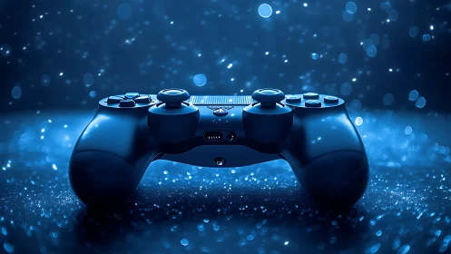 Blue gaming controller on glowing digital surface scene.