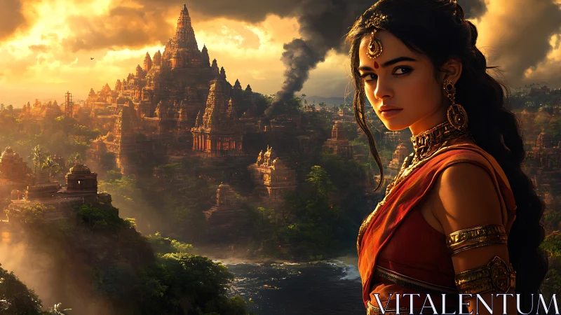 Warrior woman before burning temple city at sunset.