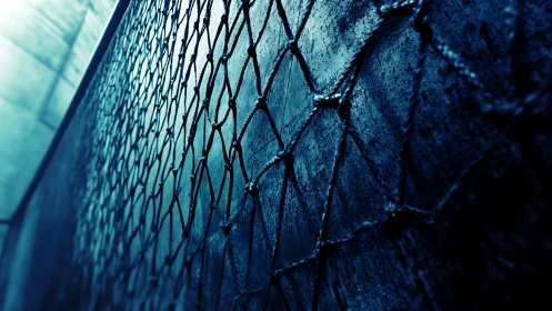 Close-up of Chain-Link Fence with Grunge Texture in Blue Light.