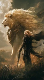 Armored warrior facing towering lion companion in field.