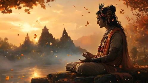 Meditative sage beside river under golden temple dusk glow.