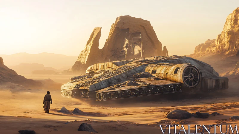 Desert marooned starship before towering sandstone ruins.