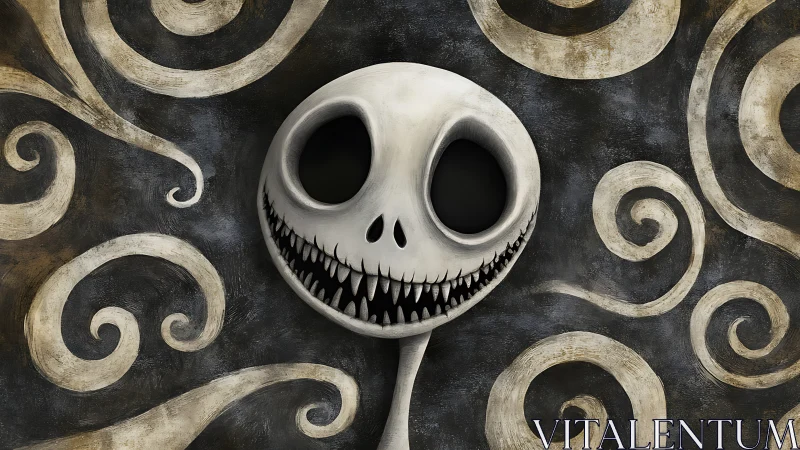Grinning skull lollipop against swirling sepia vortex background.