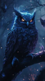 Midnight sapphire owl with ember eyes in misted forest.