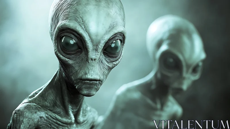 Alien visitors gaze through eerie teal misted atmosphere