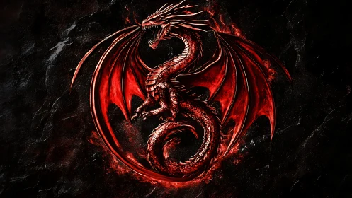 Crimson dragon emblem coils in blazing circular inferno