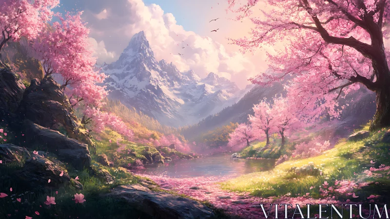 Spring mountain valley with cherry blossoms and river.