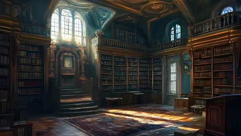 Grand historic library interior lit by tall arched windows.