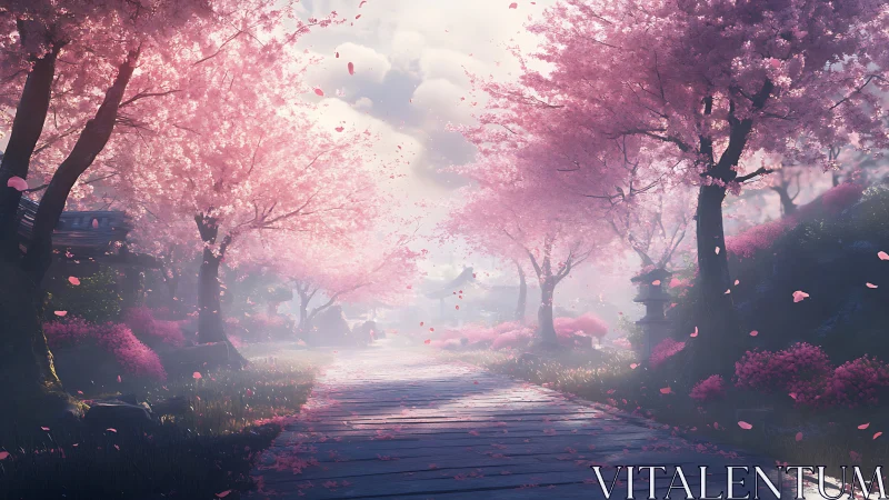 Cherry blossom path glows under soft diffuse morning light
