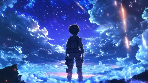 Solitary anime explorer watching falling stars above clouds.
