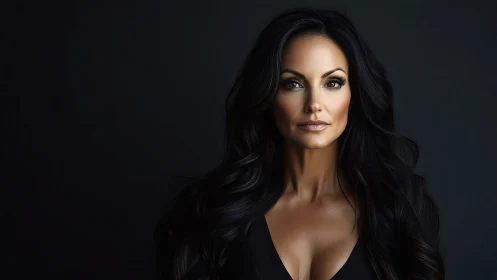 Confident woman with long dark hair in dramatic studio portrait.