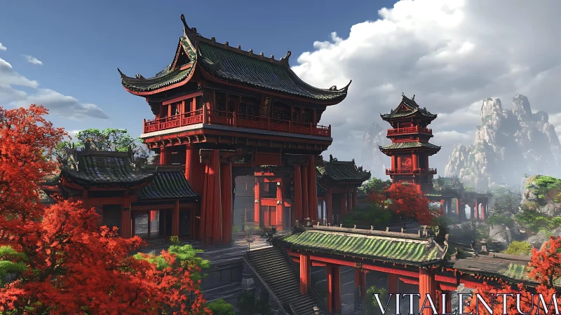 Red temple complex stands amid mountains and autumn trees