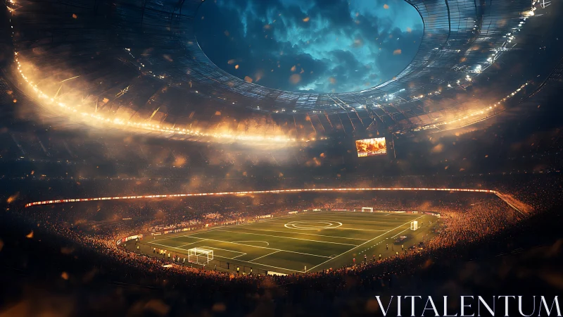 Floodlit football stadium bowl encircles vivid green pitch