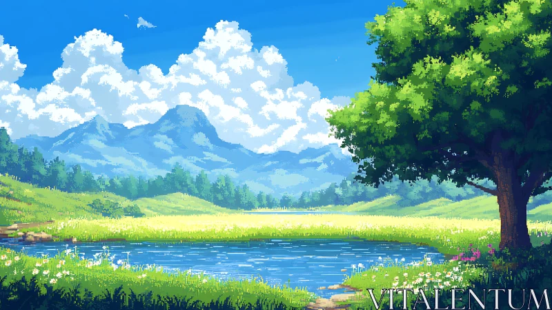 Sunny pixel meadow by a quiet lake under gentle clouds.