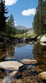 River stones quietly sketch a mirror of distant mountain