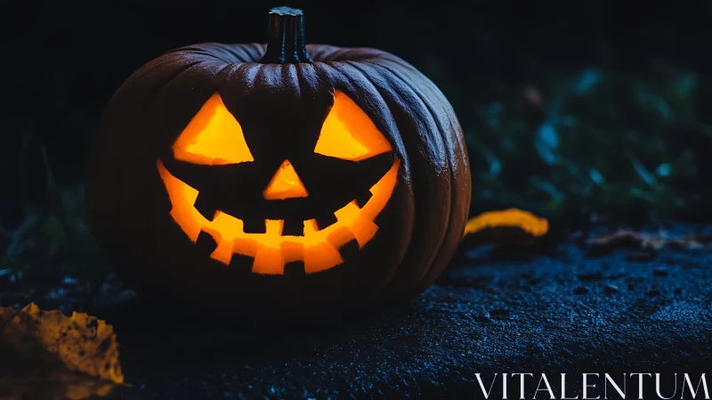 Low-key illuminated jack-o-lantern with carved gearlike grin.