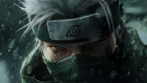 Close frontal view of masked shinobi under snowfall at night.