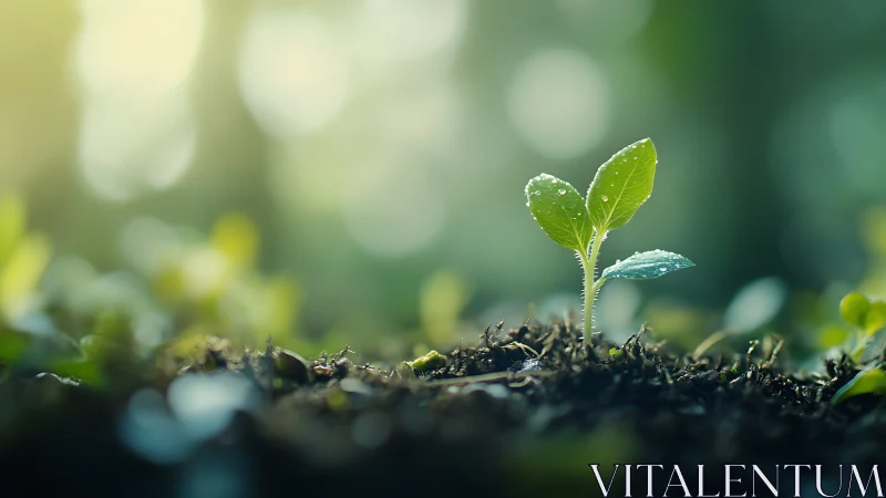 Young green seedling in moist soil under soft sunlight.