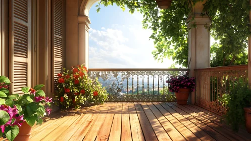Sunlit terrace veranda overlooking distant green valley.