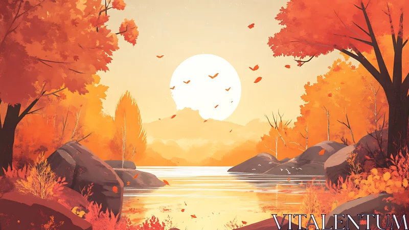 Autumn lake sunset glows behind mountains and red trees.