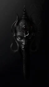 Midnight divine visage in intricate monochrome relief.