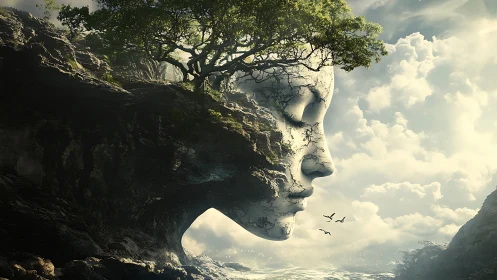 Stone goddess cliff face dreams above a luminous coastal sky